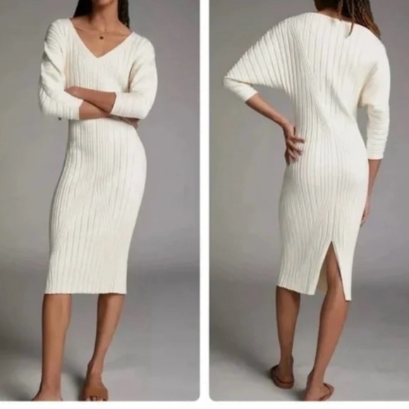 Anthropologie Dresses & Skirts - Maeve By Anthropologie Maris Midi V-Neck Sweater Dress Back Split Cream Size M